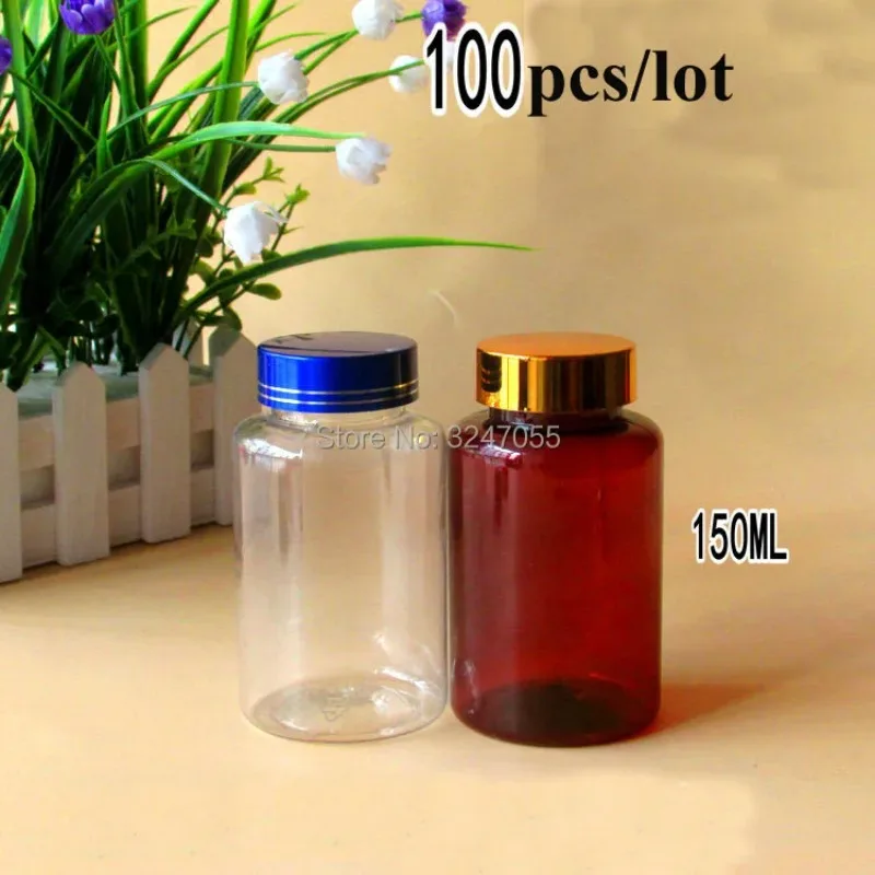 100pcs/lot 150ml PET Plastic Clear/Brown Medicine Liquid Refillable Bottle, Round Medicine Capsule/Pill/Tablets Bottle