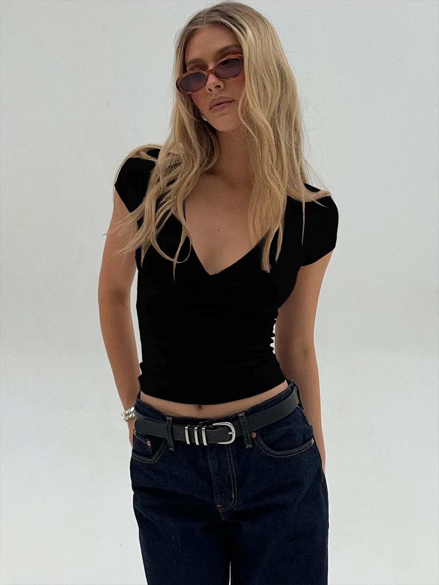 2026 Sommer Neue Mode Damen T-Shirt Einfarbig Slim-Fit V-Ausschnitt Kurzarm-Oberteil Y2k Kleidung – Detail 22
