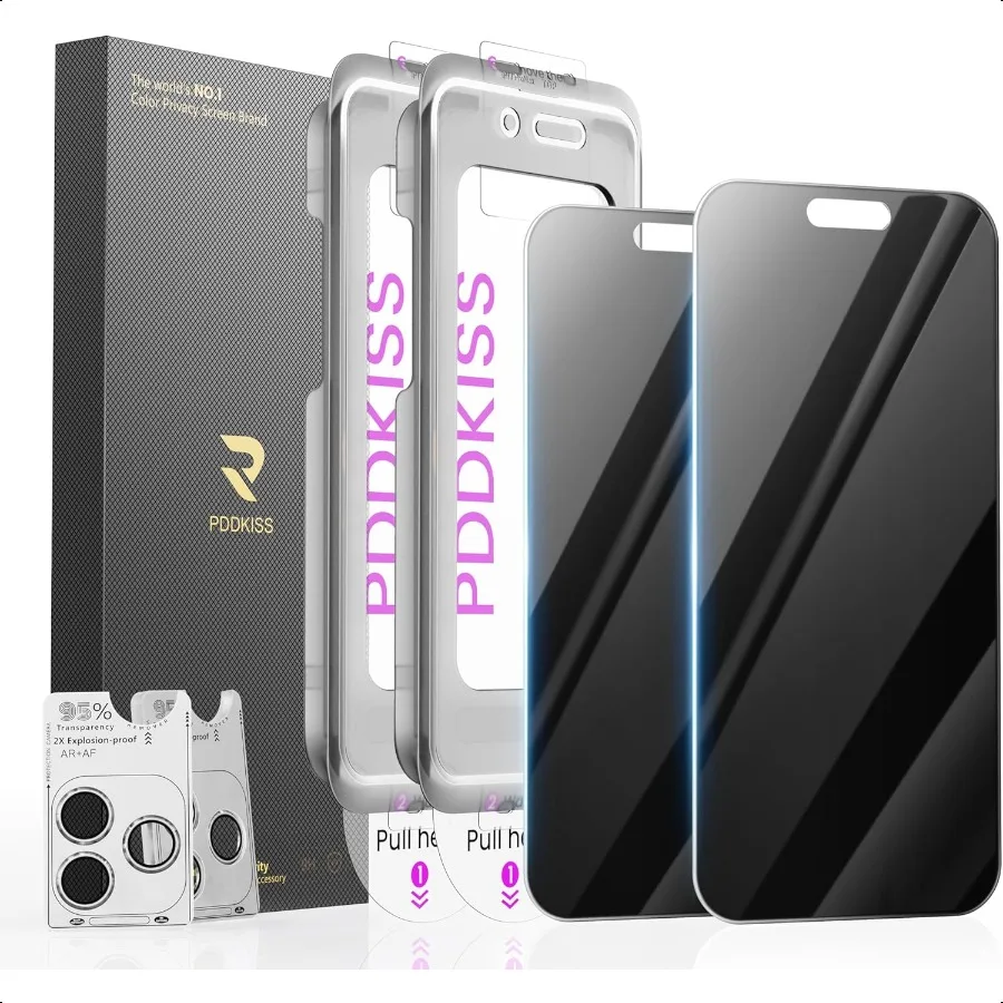 

2 упаковки защитной пленки для экрана для iPhone 17 Pro Max, закаленное стекло 6,9 дюйма + 2 упаковки защитной пленки для объектива AntiSpy AntiGlare HD Easy