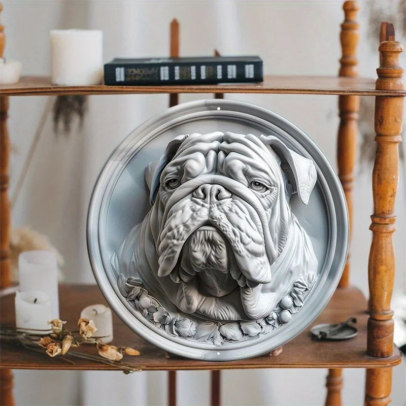 English Bulldog Metal Art, Round Aluminum Sign, Door Hanger, Wall Decor, Wreath Sign, Home Decoration, Pet Lover Gift, 8x8in 1PC