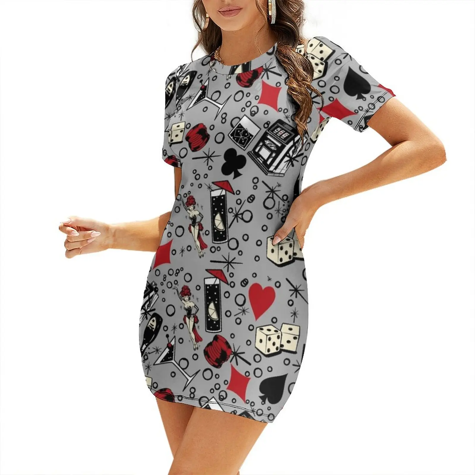 Viva Vegas Retro Casino Print - Red, Black and Gray Short Sleeved Dress long sleeve dress women's elegant loose dresses Dress