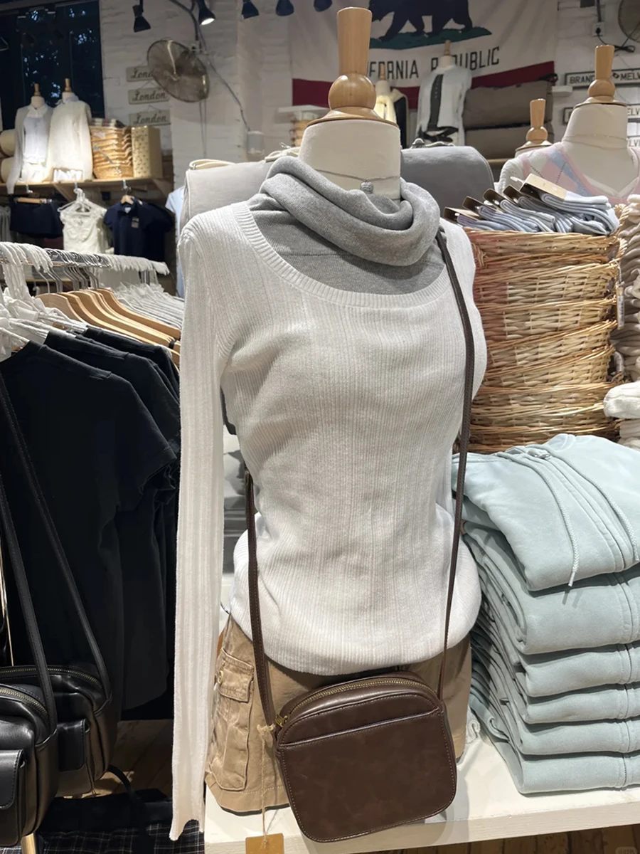 

White Ribbed Knitted Long Sleeve T-shirt Women Spring Scoop Neck Cotton Slim Tee Shirt Female Casual Simple Sweet Knitwear Tops