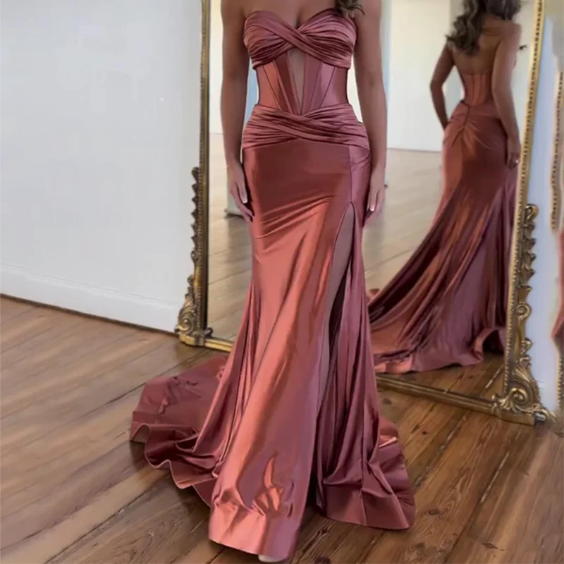 

Party Dress Fuchsia Satin Mermaid Evening Dress For Gala Pleated Said Slit Long Prom Dress 2024 vestidos para mujer Customized