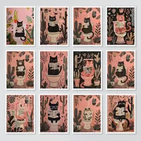 Funny Black Cat Dog Frog Animals On The Toilet Reading Poster Bath Prints Canvas Painting Wall Art Pictures for Toilet WC Decor