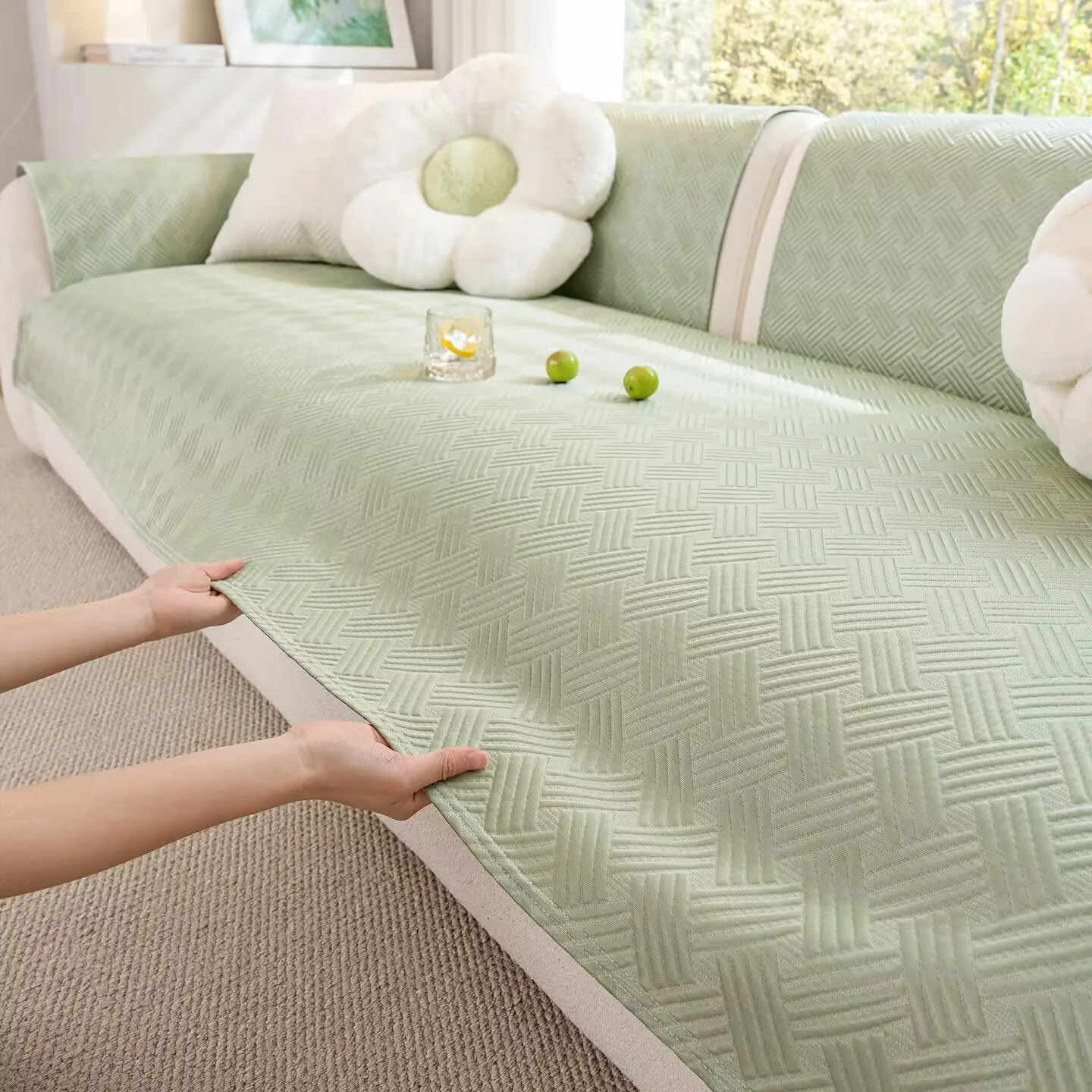 Summer Ice Silk Cooling Sofa Cushion Solid Color Geometric Stripe Quilted Sectional Sofa Seat Cover Furniture Dust Protector Pad