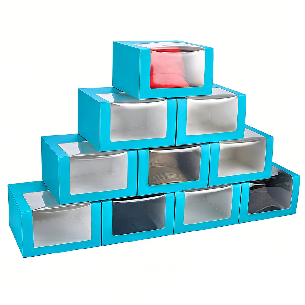 10 Pack Hat Storage Box with Window Baseball Cap Display Box 7.6x7.6x4.7 Inches Snapback Storage Container Square Hat Box