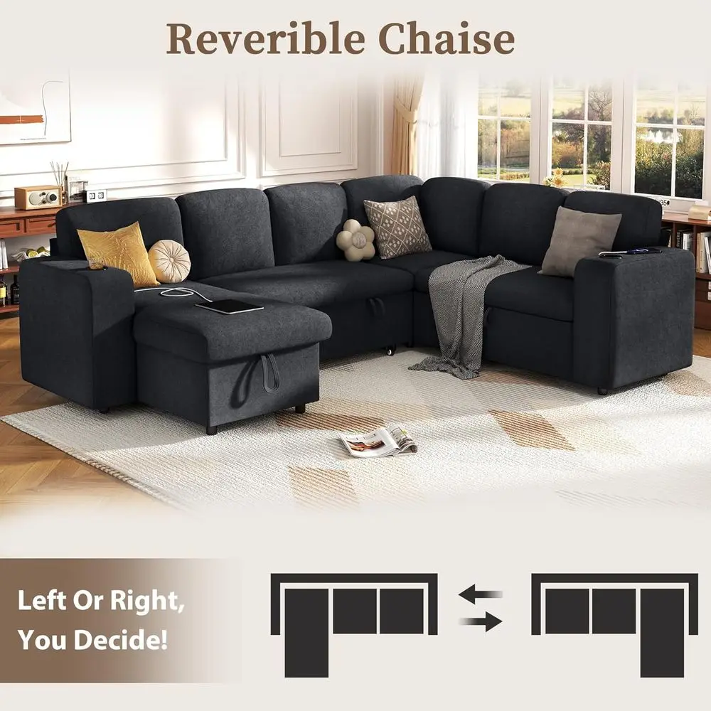 أريكة نوم على شكل حرف L مع سرير قابل للسحب، وأريكة سحابية ذات 6 مقاعد، ومنافذ تخزين ومنفذ USB، ومسند ظهر قابل للتعديل (صوف صديق للبيئة، رمادي)