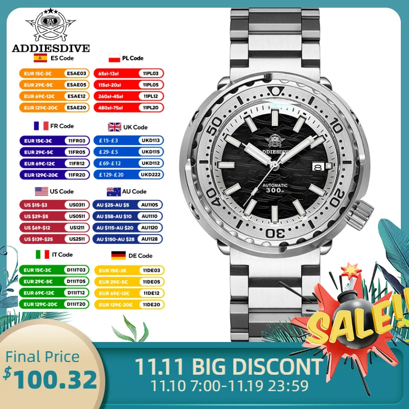 애디스다이브 2025 신형 오토매틱 기계식 시계 41mm 사파이어 스틸 남성용 시계 BGW9 야광 300m 방수 참치 다이버 시계