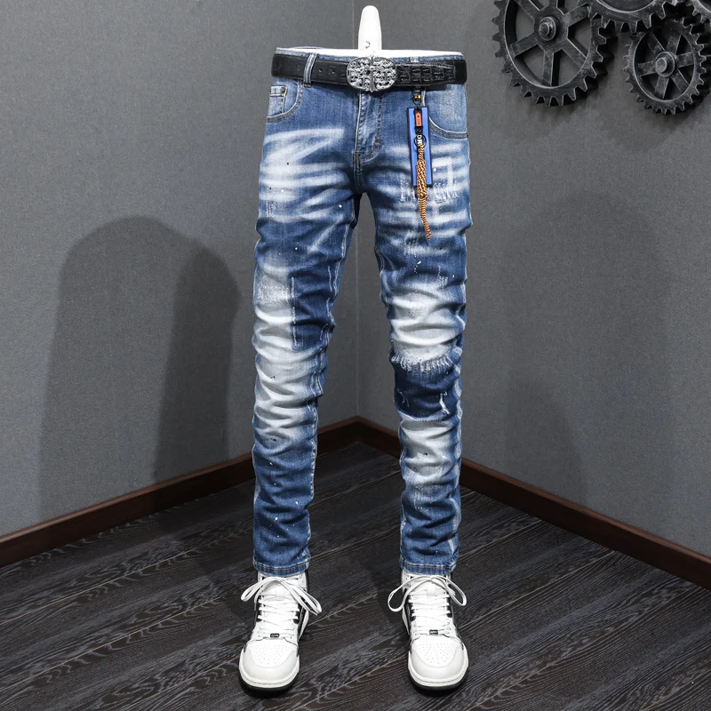 Fashion Designer Men Jeans Retro Blue Plain Washed Elastic Stretch Skinny Ripped Jeans Men Painted Hip Hop Denim Pants Hombre