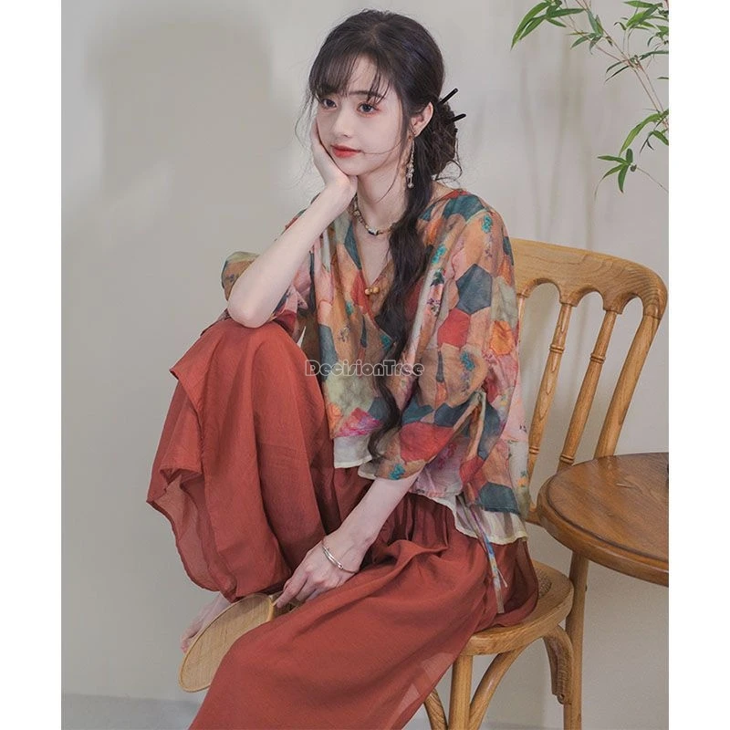 

2024 summer new chinese retro casual two-piece set printing half sleeve loose top women elastic waist long pants suit women w282