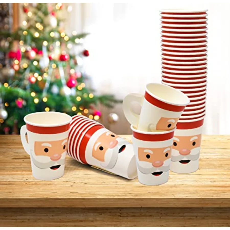 50 Pc Christmas Disposable Paper Cups with Handles 9oz Santa Face Beverage Drinking Cup for Winter Xmas Festive Holiday Table P