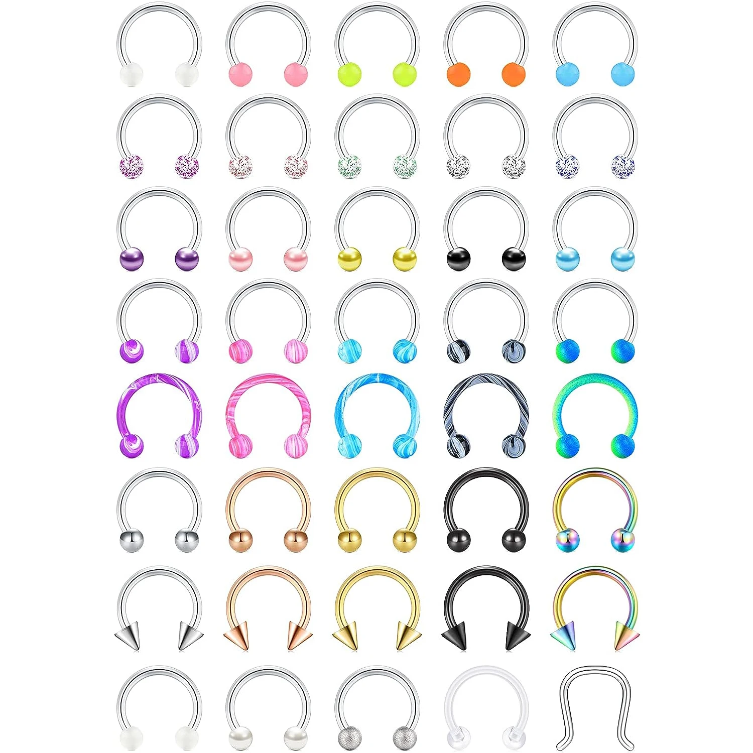 16G Nose Rings 316L Stainless Steel Captive Bead Rings, Septum Rings, Smiley Horseshoe, Perforated Jewelry for Cartilage