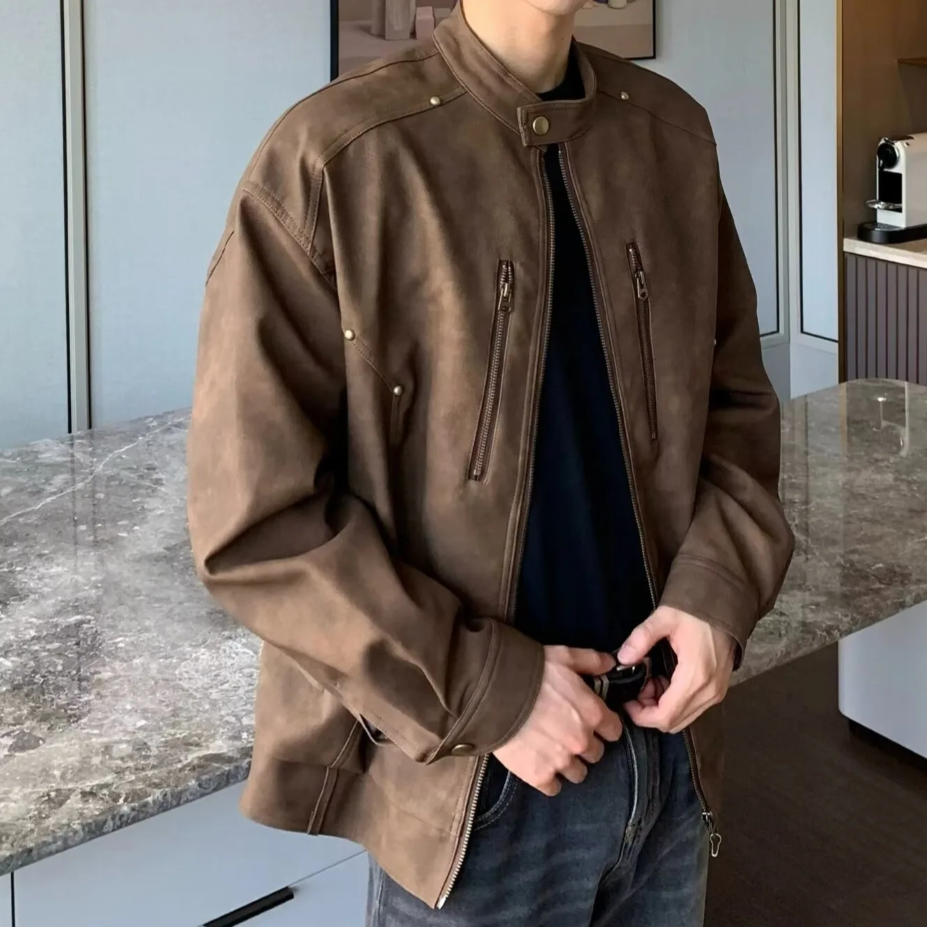 

Loose Casual American Sle Motorcycle Leather Jaet Men's Autumn Winter plus Size Pilot Coat Street Faion Outerwear