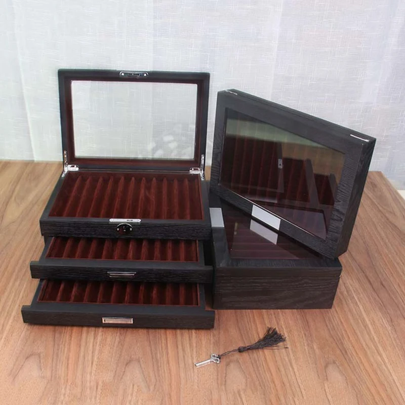 Wood Pen Display Box Deluxe Pen Case With Key Tansparent Window Fountain Storage Showcase Organizer-Collection