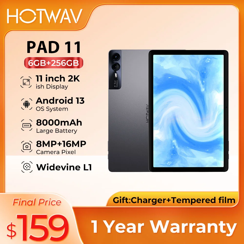 HOTWAV Pad 11 แท็บเล็ต Android 13 11 นิ้ว 2K mini PC 8000mAh 12(6 + 6)GB + 256GB แท็บเล็ต 16MP + 8MP กล้อง Widevine L1 พร้อมคีย์บอร์ด