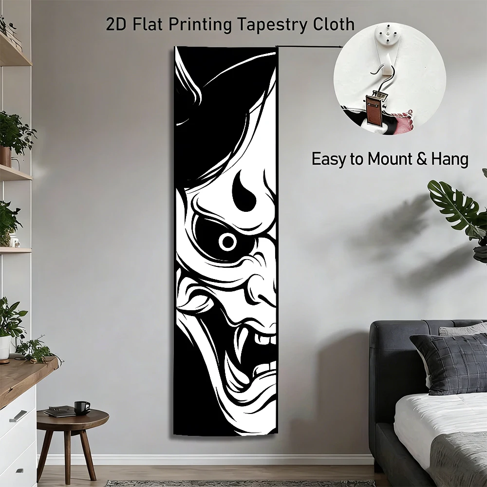 Japanese Hannya Demon Geisha Long Tapestry Set, Black White Ukiyo-E Wall Hanging, Vertical Tattoo Style Decor for Bedroom Living