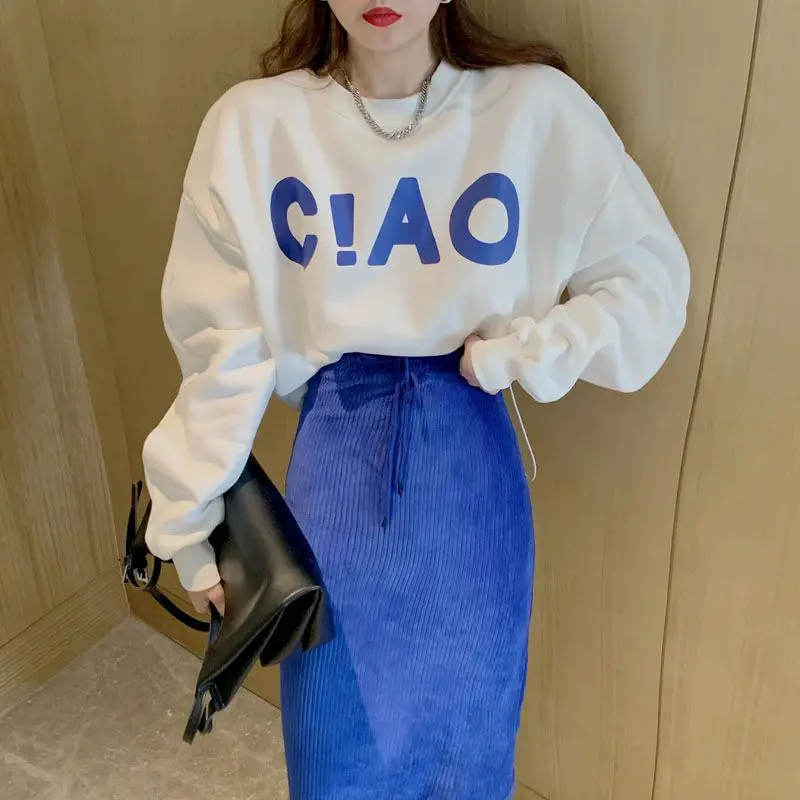 

Autumn 2022 Trend Set Women Casual Fashion Skirt Suits Slim Round Neck Pullover Corduroy Midi Skirts 2 Piece Sets High Street