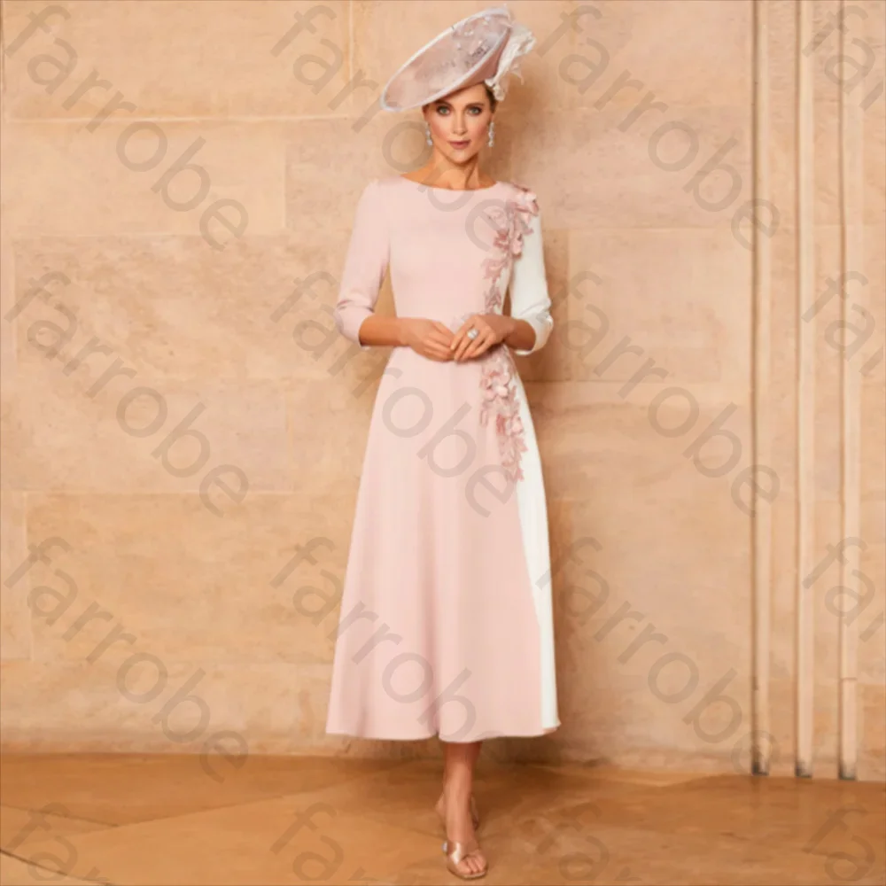 Customized Pink Mother Of The Bride Dresses For Wedding Satin Applique A-Line Scoop Neck Tea Length Long Mom Formal Party Gowns