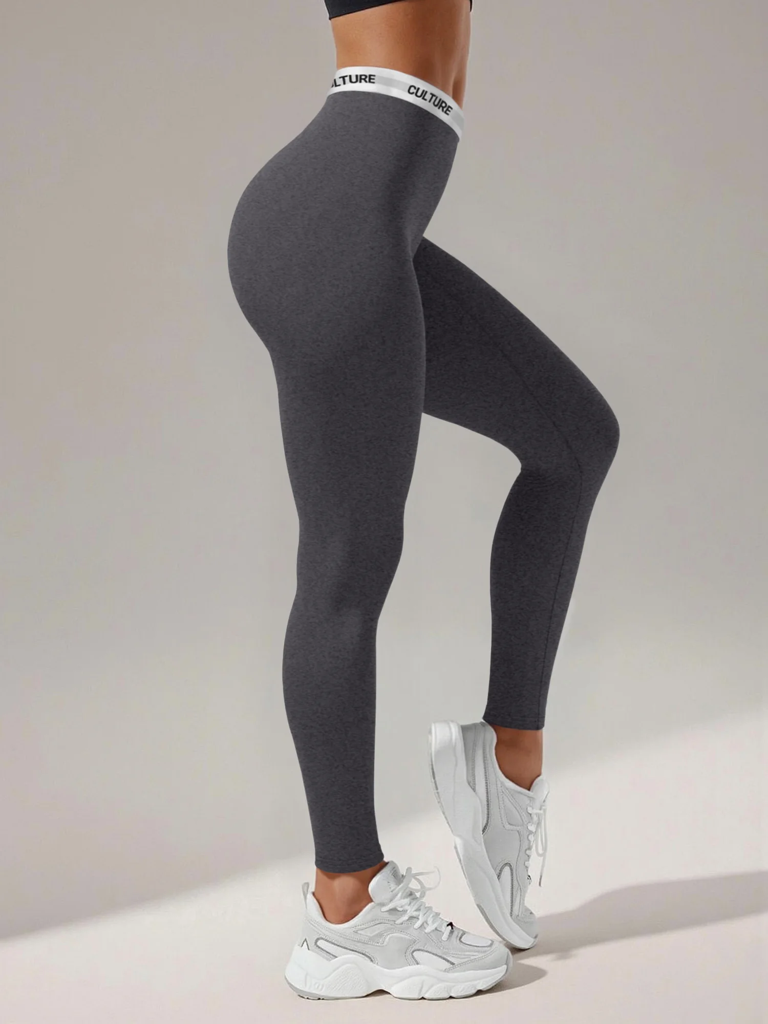 Ladies Fashion Fitness Workout Leggings Letter Detail Waistband High Waist Stretch Running Sports Yoga Skinny Pants