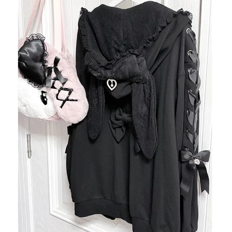 

Gothic Lolita Jacket Women's Black Hooded Zip-Up with Ruffle Hood, Lace Trim Ribbon Zipper Sweet Goth Harajuku Fashion Outerwear