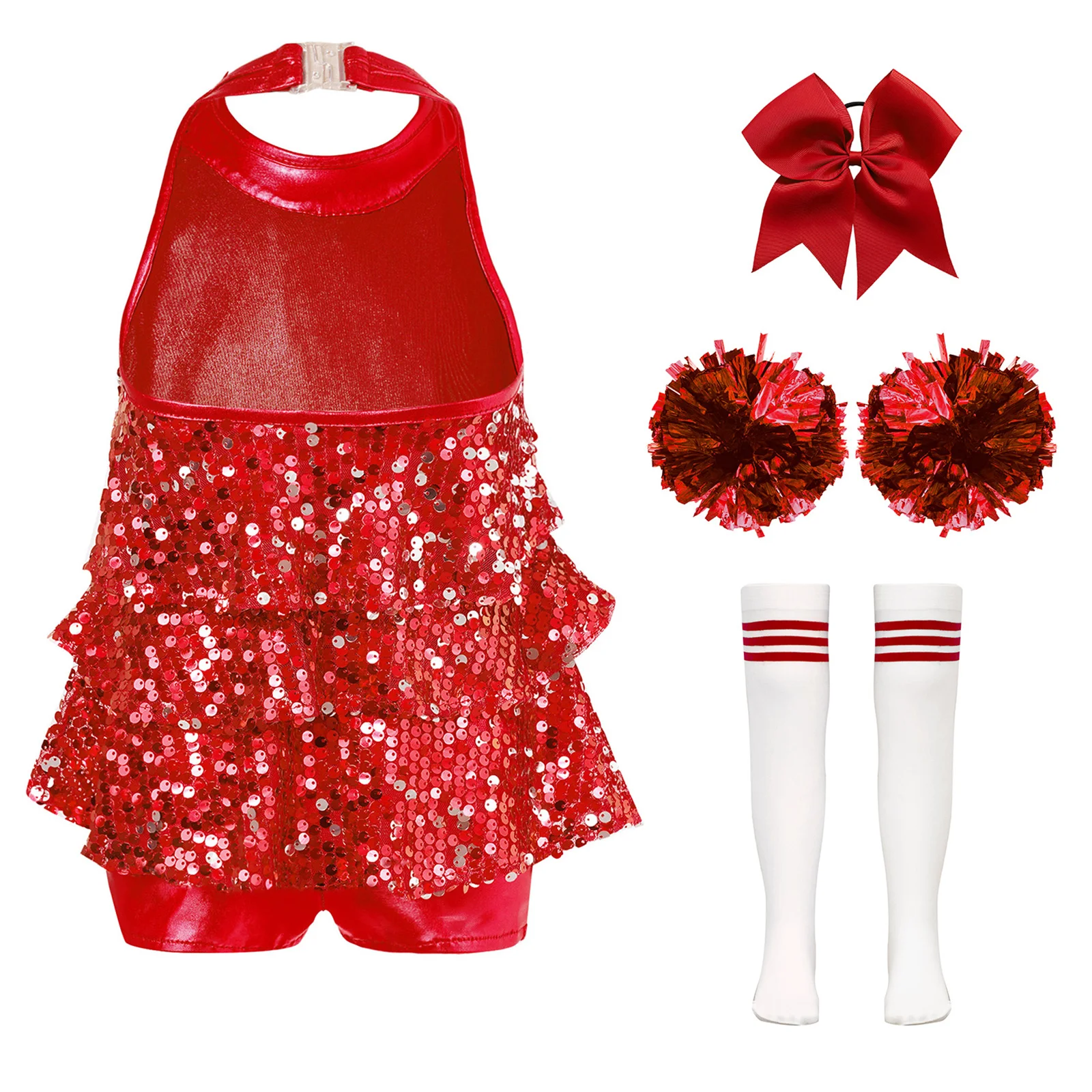 Kids Girls Cheerleading Costume Outfits Halter Shiny Sequins Dance Leotard Dress Cheerleader Cheering Team Wear Dancewear Sets