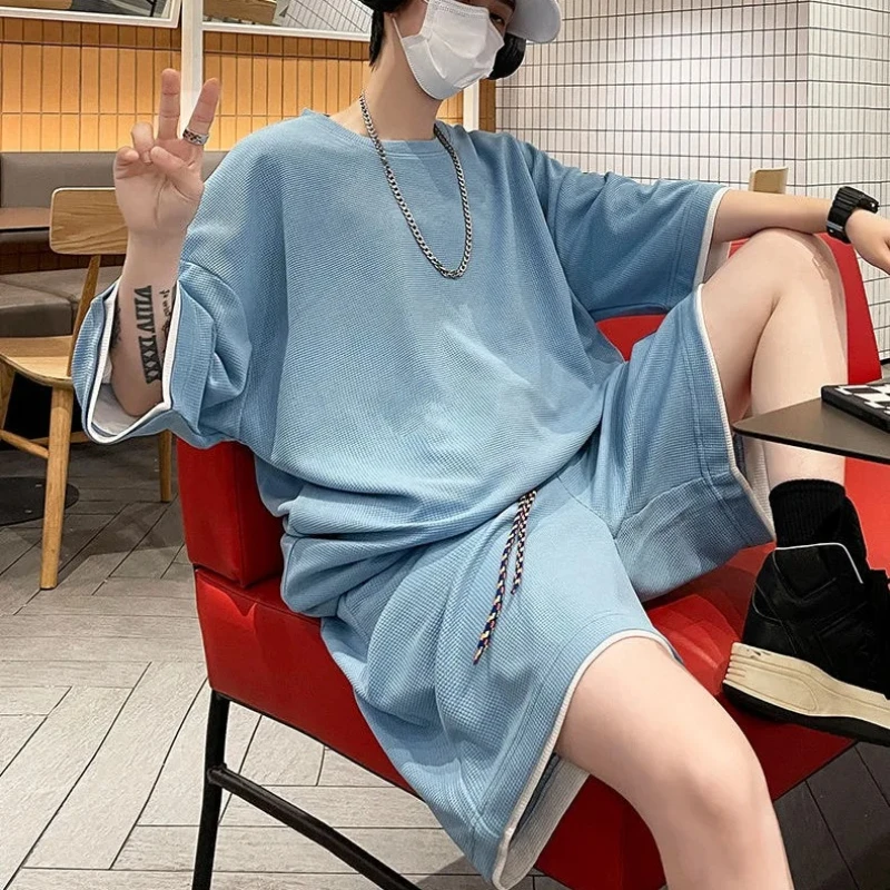 

Big Size Plus Size Men's Summer Waffle Trendy Handsome Casual Sports Suit Short Sleeve Short Pants Two Piece Set Fashionable