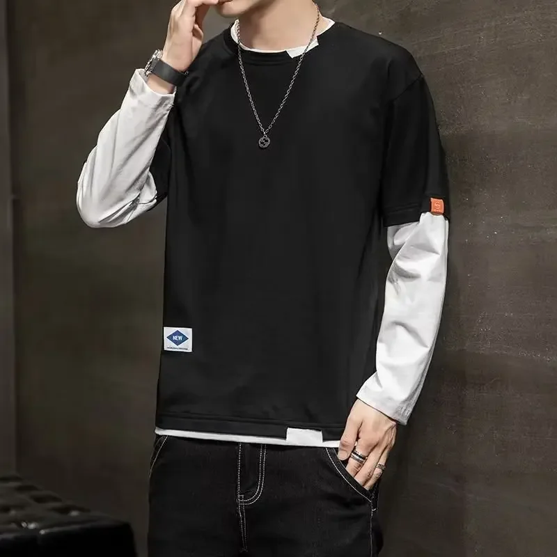 2022 Autumn New Men's Long Sleeve T-shirt Trendy Brand Two-piece Illusion Top Korean Style Loose-fit Versatile Tee