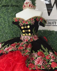 Vintage Mexican Embroidery Quinceanera Dresses With Bow Black And Red Ball Gown Birthday Gown Off The Shoulder Lace-Up Sweet 16