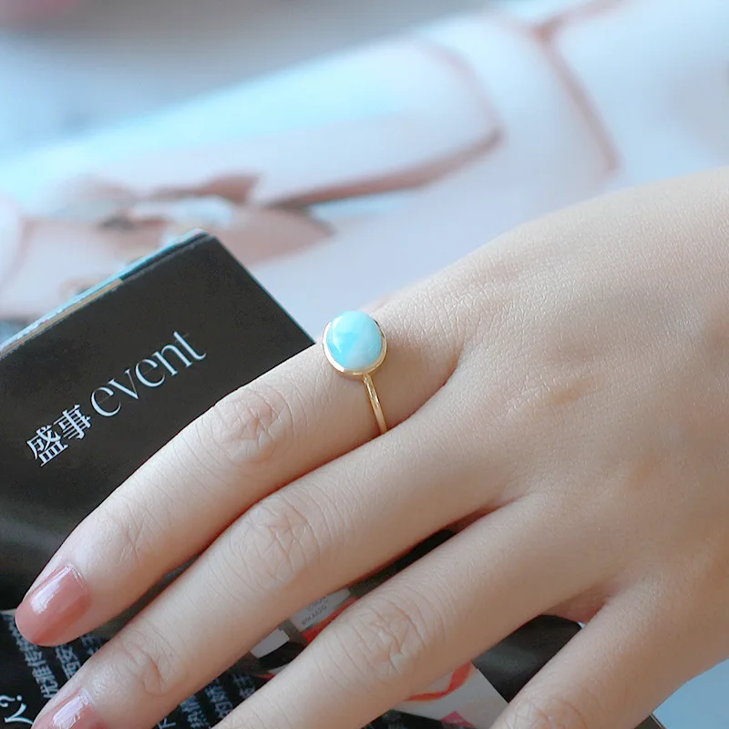 HUAYI Simple versatile Japanese fresh style natural Larimar ring 925 sterling silver for women