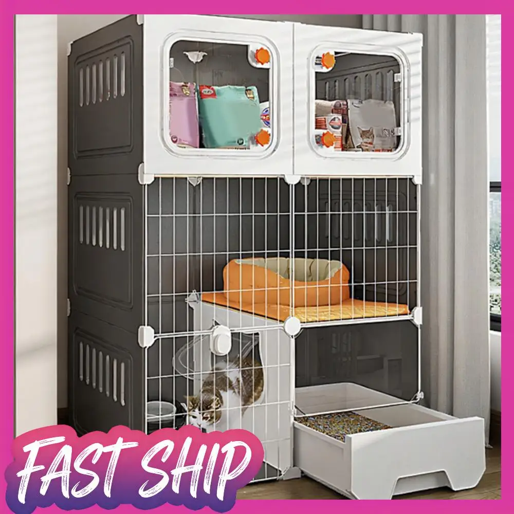 

Integrated Cat House with Cat Bed Cat Crate Indoor Catio Hammock DIY Metal Wire Cat Kennel Cats Litter Box for Cats Villa
