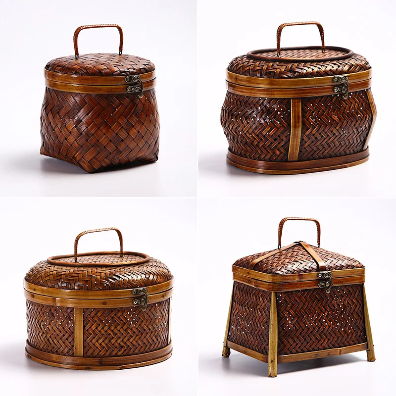 2027 Bamboo Storage Box with Lid, Handmade Vintage, Tea Set Storage,Small Items Storage, Chinese Retro Style, Home Jewelry Baske