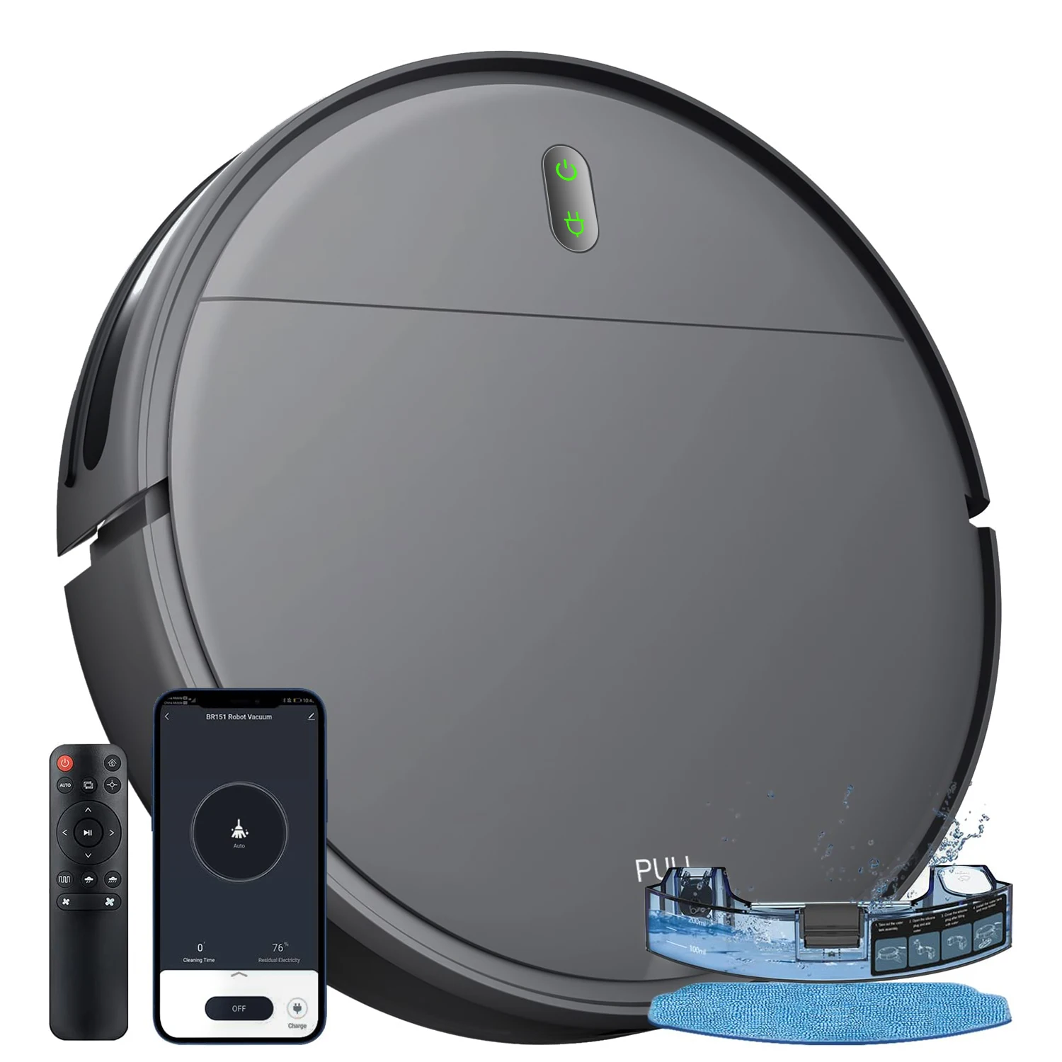 

HSRIES BR151 Robotic Vacuum Blue/Black 6000Pa Auto-Charge/Vac-Mop 2-in-1 Scheduled Cleaning Hardwood/Tile/Carpet 2600mAh Battery