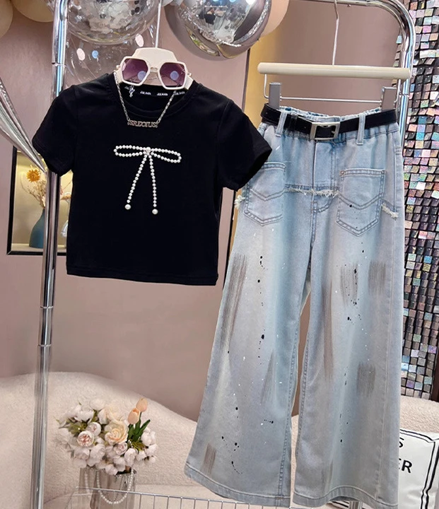 Girls Suits Summer and Spring 2024 New Short-sleeved T-shirt Children Wide-leg Pants Kiddie Girly Two-piece Set Girls Clothes