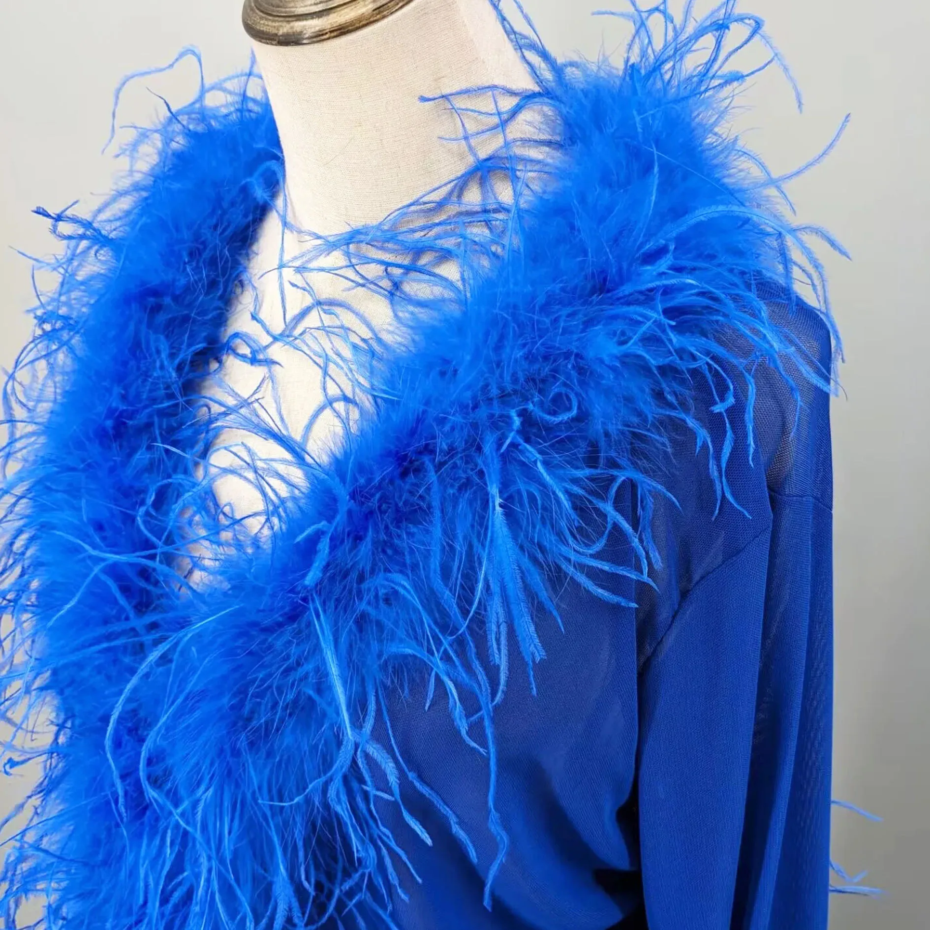 Women See-Through Top with Real Ostrich Feather Brown Black Cropped Jacket Top Bolero 240711