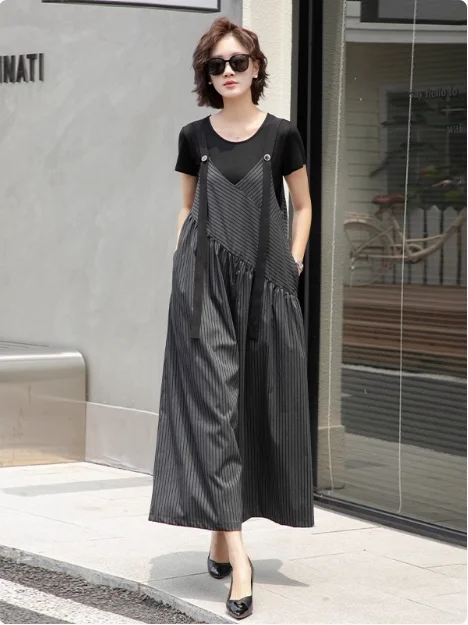 

Summer New 2026 Women's Loose Large Size Romper Set with Stripes Thin Strap Pants Short Sleeve Casual Style Fashion Set