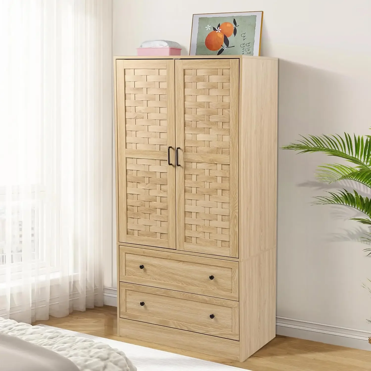 Armoire Wardrobe Closet, Wardrobe Cabinet with 2 Woven Doors