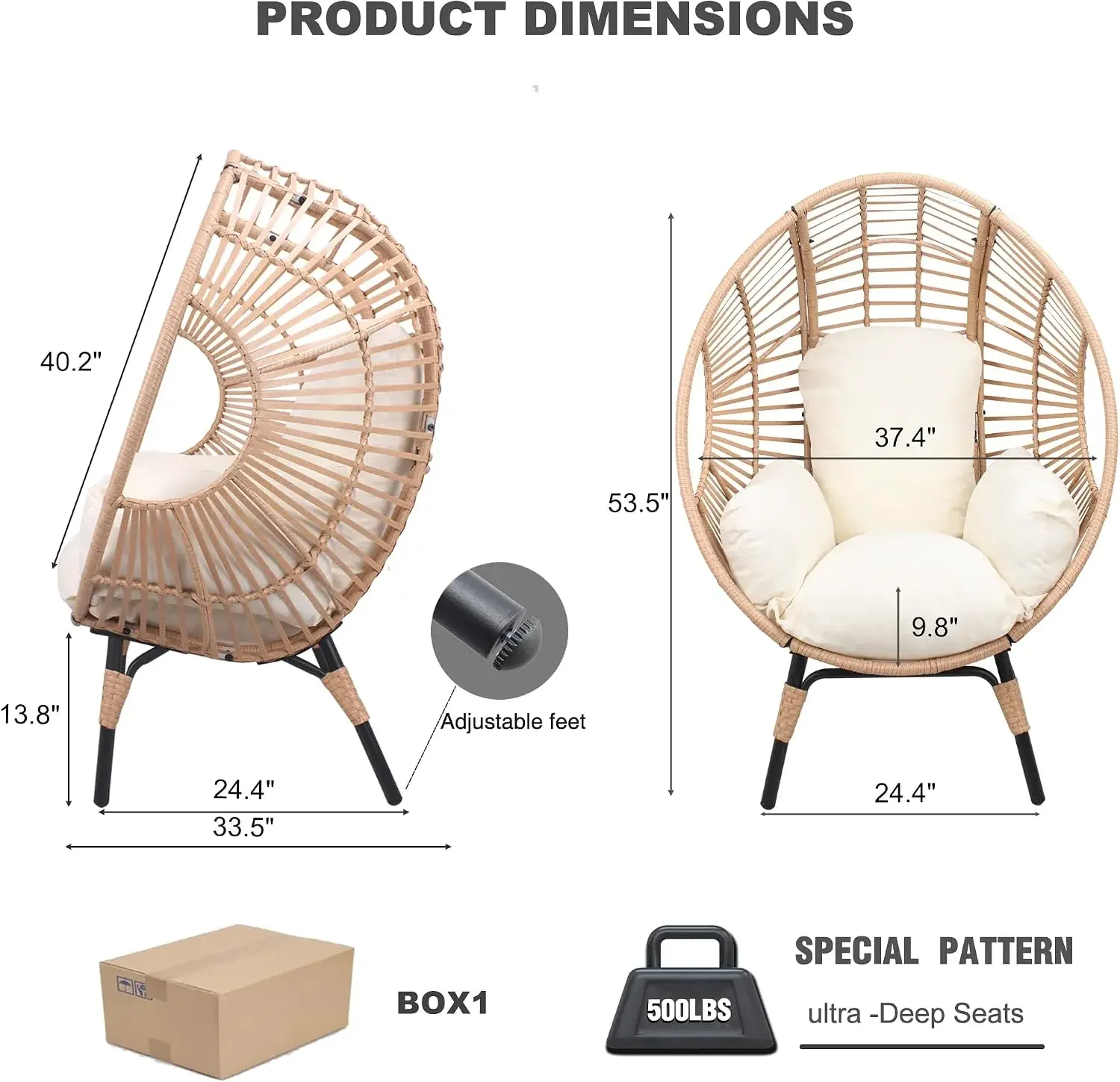 2 pcs Oversized Wicker Egg Chair Outdoor Indoor - Rattan Patio Egg Lounge Chairs with Cushion 500lbs Capacity for Living Room