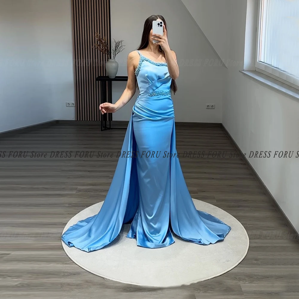 Sexy Mermaid Prom Dress Spaghetti Straps Floor Length Sleeveless Bead Pleat Satin Formal Evening Party Gown Celebrity Pageant