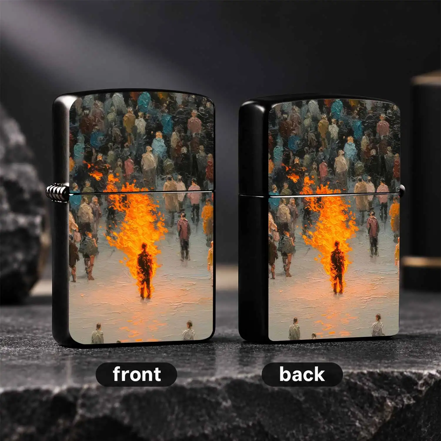 Creative Art Style Figure In Crowd Pattern Lighter, Textured Oil Painting Print Portable Ignition Tool, Unique Cool Aesthetic Daily Use Accessory, Multi-Scenario Practical Gadget, Ideal Gift Choice Showing Uninhibited Personal Taste For Dai