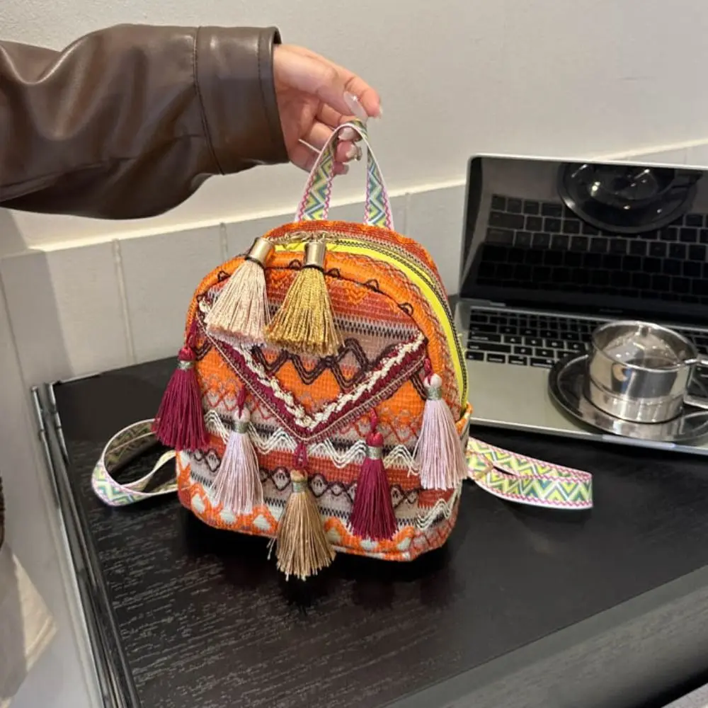 التطريز العرقية نمط شرابة على ظهره حقيبة مدرسية صغيرة شريط قماش شرابة حقيبة كتف حقيبة التخزين سعة كبيرة