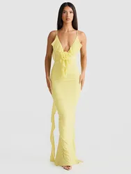Articat Sexy Spaghetti Strap Naked Back 3D Flower Women Dress Elegant V-neck Long Skirt Bodycon Strap Party Club Evening Dress