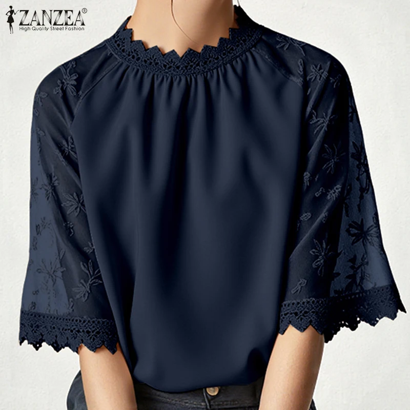 ZANZEA Elegancka Bluzka Koronkowa Damska Jesienna Stójka Casualowa Tunika Modne Bluzki Patchworkowe Biurowe Damskie OL Blusas Femininas 2025