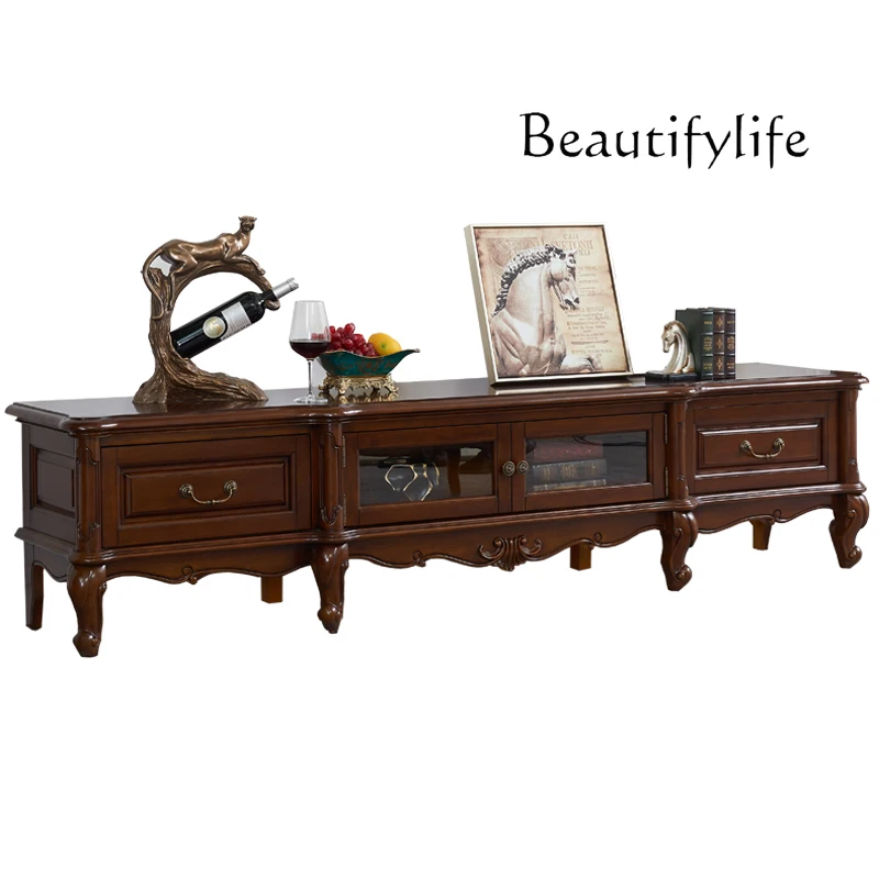 

American all-solid wood TV cabinet pure original wood carving flower living room floor cabinet 2.2 meters high-end furniture