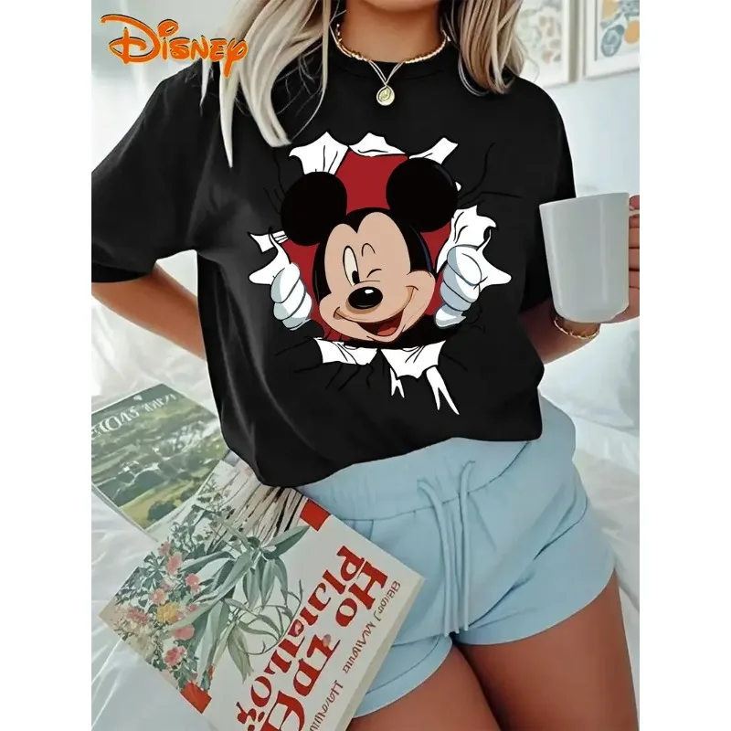 تي شيرت نسائي مضحك ميكي قطن بأكمام قصيرة ورقبة دائرية ملابس غير رسمية كبيرة الحجم للفتيات تي شيرت كارتوني للزوجين للجنسين ملابس الشارع