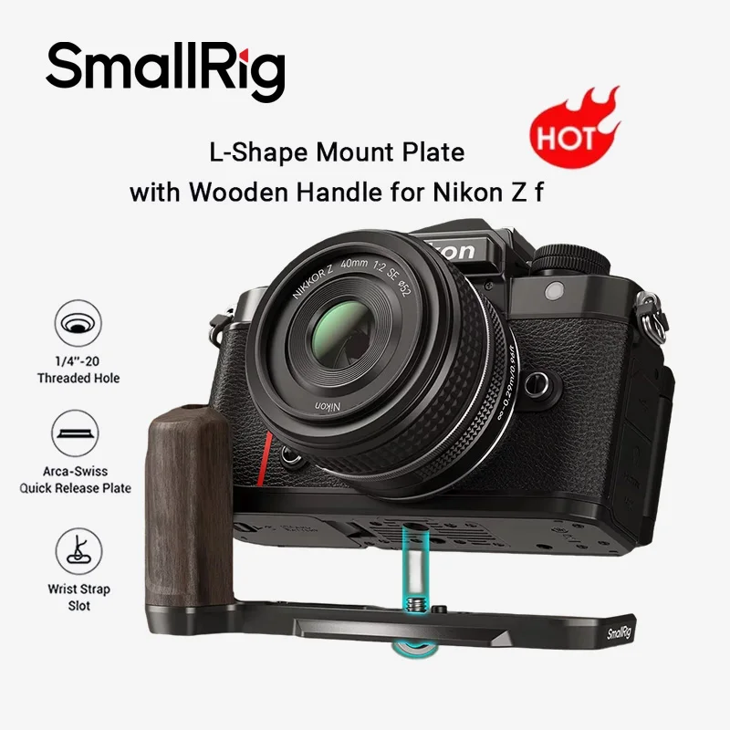 SmallRig Z F L-Shape Mount Plate with Wooden Handle for Nikon Z F with Arca-Swiss Quick Release Plate for Arca-Type Tripods 4801