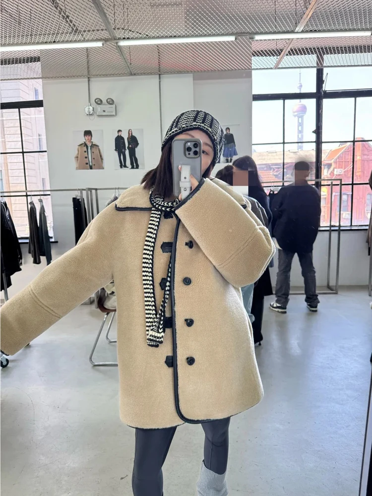 

Retro Sle Women's Long Coat Double-Sided Lamb Fur Jaet Inteated Skin And Hair Warm Thiened Long Sve Button Closure