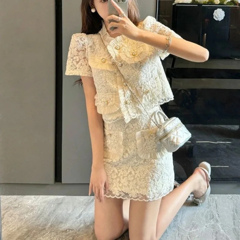 Woman Outfit Short Sleeve Lightly Cooked Kawaii 2 Pieces Sets for Women Skirt Chic and Elegant Vacation 2024 Jacket Co Ord Full