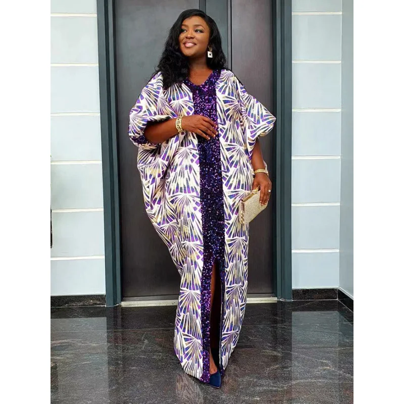 Muslim Patchwork Printed Robe African Loose Printed Sequins V Collar Dress Elegant Luxury Dresses For Woman Wedding Guest