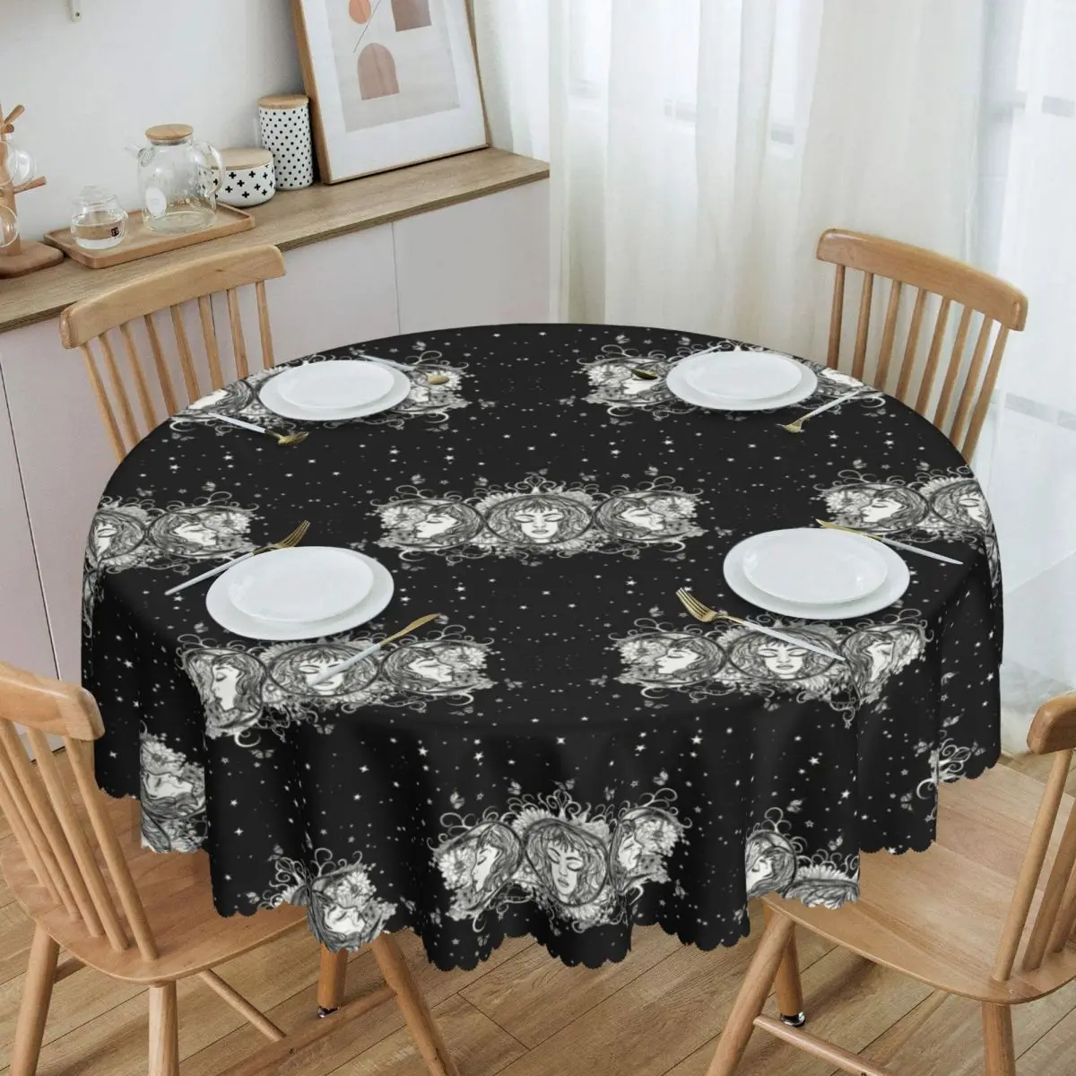 Maiden Mother Crone Tablecloth Round Waterproof Triple Moon Goddess Table Cover Cloth for Dining Room 60 inch