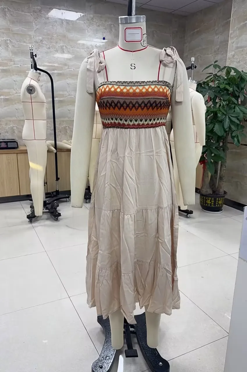 Vestido feminino boho com gravata e ombro, estampa geométrica, pescoço quadrado, sem mangas, costas abertas, linha A, vestido midi com babados em camadas